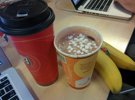 $4.78 for an XL French Vanilla decaf, a medium got cocoa with marshmallows, and 2 bananas. Hard to beat!