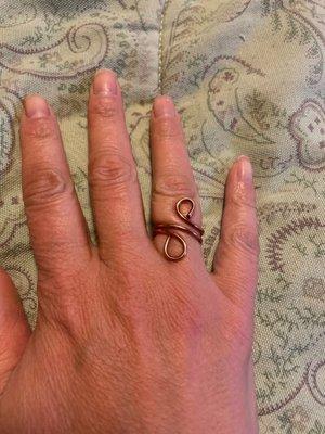 A copper wire wrapped ring I made for myself with wire I purchased at Beadworks!