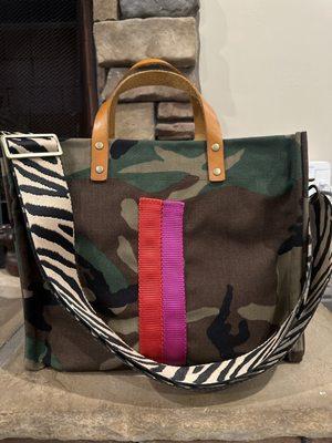 Medium Camo Mimi (tote) with Pink and Red Stripes and Crossbody Shoulder Strap.