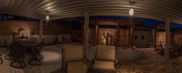 Backyard Cedar screen wall & arbor with landscape lighting