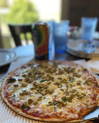 Thin crust green olive-feta-spinach pizza