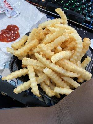 Large fry. Large enough to share between 2 people. Delicious!