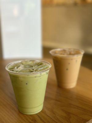 Lavender matcha w/ 2% and iced latte 2% milk ($5.50 each) my friend helped me with the pic!