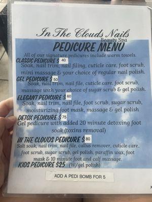 Pedicure Menu:  Lists prices and what each comes with.