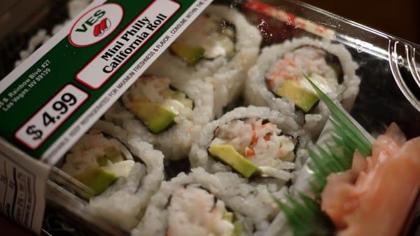 9pc California Roll with Cream Cheese $5. For that price not bad, and waaay better than dried out rolls in most grocery stores.