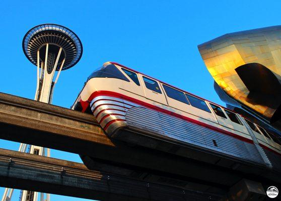 Red Train with the Space  Needle and MoPOP