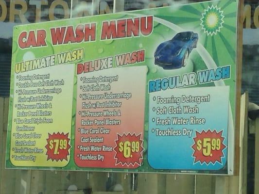 Car wash prices. Purchase should be made inside of service station.