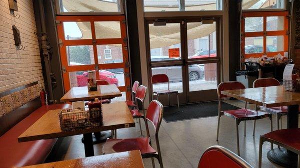 Bright boisterous dining room.