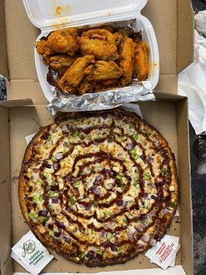 14" Gluten Free Crust Pizza, Brothers BBQ Pizza, & Buffalo Chicken Wings