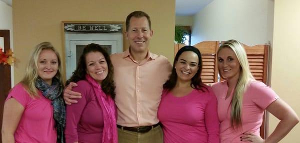 The staff wearing our pink in support of Breast Cancer Awareness Month. Come see us soon!