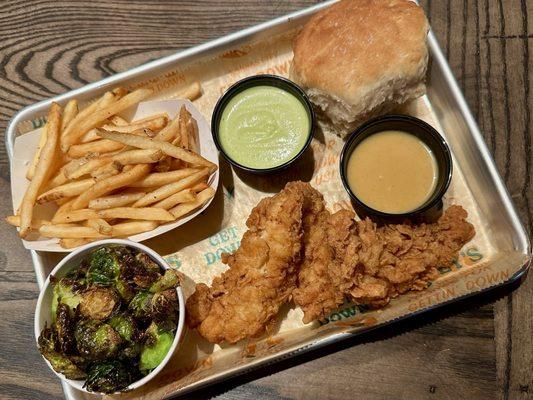 Chicken Tenders, Shoestring Fries, Brussels Sprouts, House-made Fresh Biscuit, Laney' Sauce & Honey Mustard.