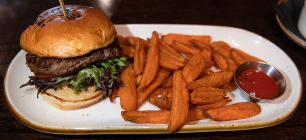 Greg's Pick burger with sweet potato fries