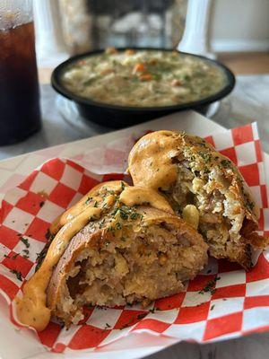 Savory Meat Pies Delicious boudin& egg fried pie! (I eventually added some chicken and dumplings ontop!)