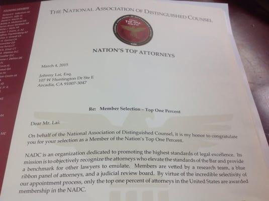 Attorney Johnny Lai has been selected for membership to the Nation's Top Attorneys - Top One Percent by the National Associat...