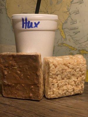 Huxbee, peanut butter crisper, and stuffed Rice Krispie