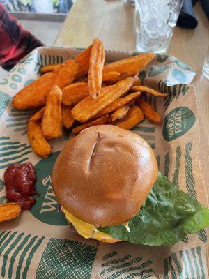 Burger with sweet potatoes fries at Switchback Restaurant