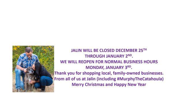 Jalin closed Dec 25 - Jan 2nd