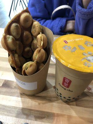 Pearl bubble waffle and Cold Brown Sugar Milk Tea