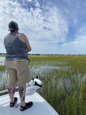 Red fish hunting in the grass at high tide! Must try!