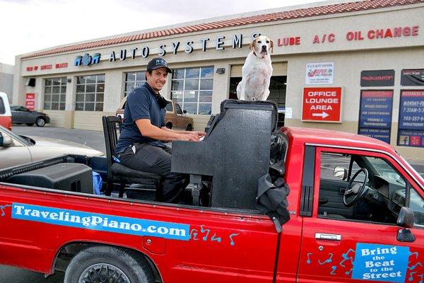 Traveling Piano Dog Mo Loves R&R Auto Systems!