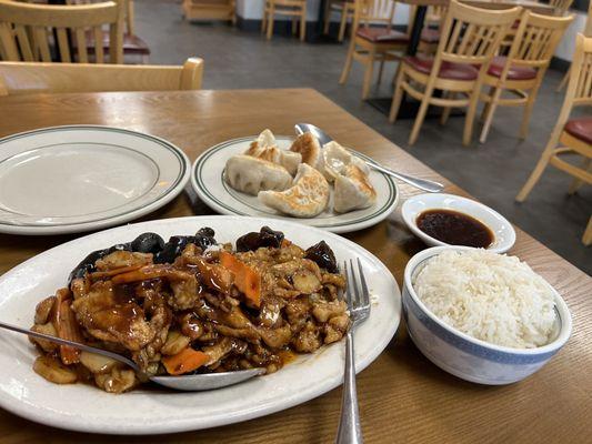 Garlic chicken. Yum!!! And potstickers. Double Yum!!!