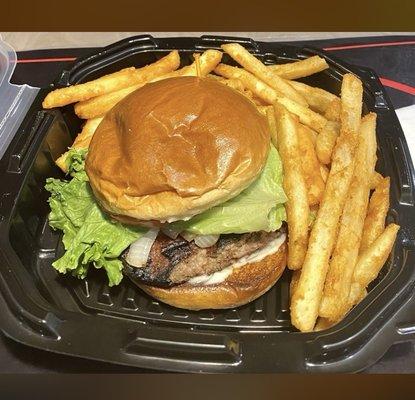 The classic burger w/fries. $13, was good meal. You ask for condiments.