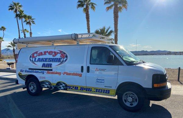 We got some new stickers on the work van at Carey's Lakeside Air.  What better way to park it right in front of beautiful Lake Havasu.