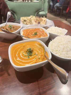 Butter Chicken, Chicken Tikka Masala, Goat Curry, Garlic Naan