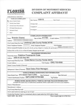 Here is an active fraud complaint against RideNow Powersports Ocala for deceptive business practices and false advertising.