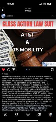 Boris Shmaruk, Esq. of Vlasac & Shmaruk recently filed a class action lawsuit on behalf of AT&T and TS Mobility consumers