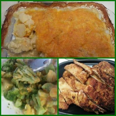 Scalloped potatoes, cheesy broccoli, ton katsu.