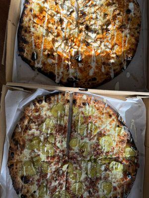 Buffalo Chicken Pizza Fire Roasted Pickle Pizza with bacon