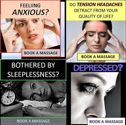 The American Massage Therapy Association says massage can help with headaches, anxiety, depression and insomnia.