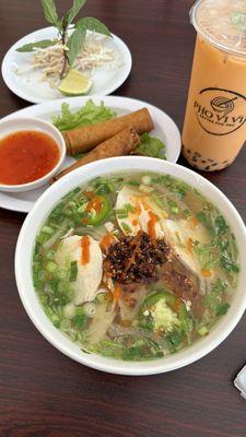 Chicken pho, egg roll, Thai tea