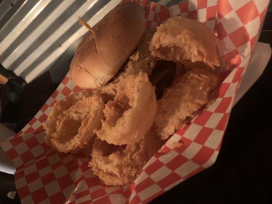 The Hickory Burger with onion rings