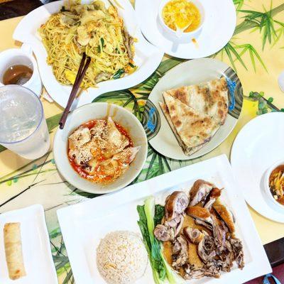 Singapore noodles, wontons in chili oil, duck with rice, green onion pancake