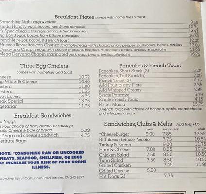 Breakfast menu