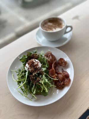 Avocado toast with bacon and chai latte