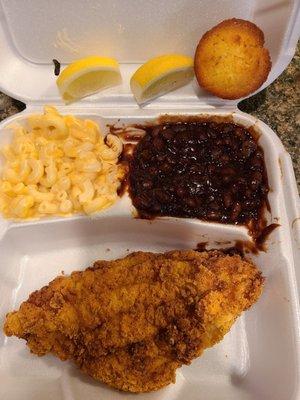 1 piece Southern Fried Catfish, macaroni and cheese, and baked beans