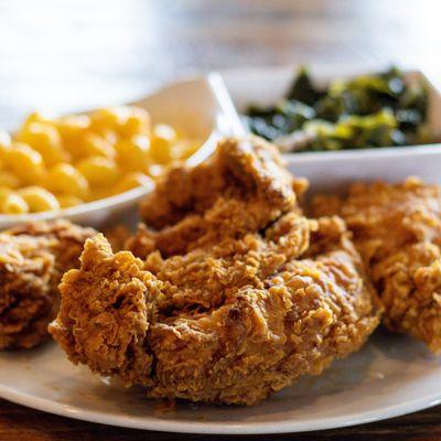 Buttermilk fried chicken, macaroni & cheese, ham-hock collard greens.