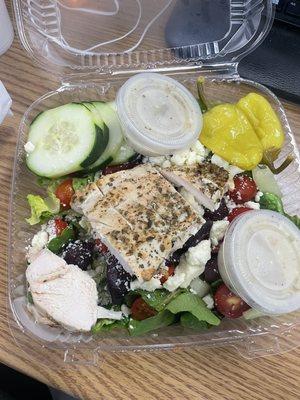 Half greek salad with grilled chicken added. Delicious and great price!