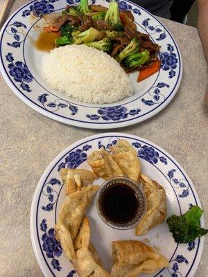 Beef broccoli and gyoza!