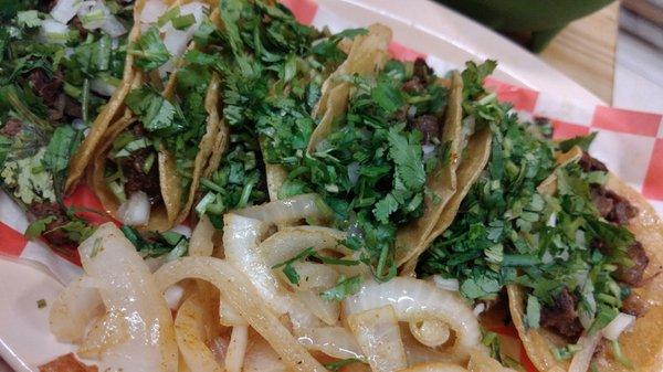 Tacos are meaty and have lots of cilantro.