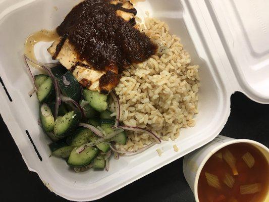 Chicken rice with cucumber salad, and Hungarian vegetable soup