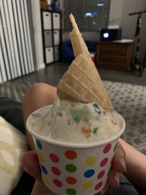 Fruity pebbles and cotton candy with a cone, which barely made it upstairs