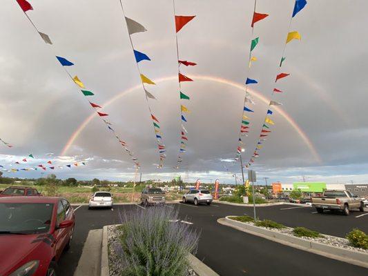 Double rainbow outside of restaurant.