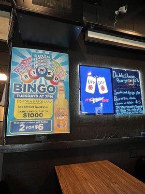 Bingo every Tuesday night.