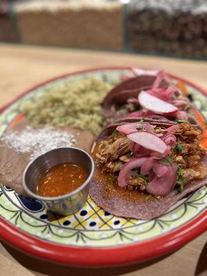 Three Tacos plate with chicken, pork and veggies