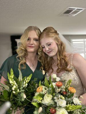 Hair done for both bridesmaid and bride