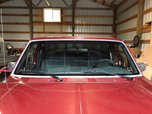 New windshield in my 1993 F-150!  Leaking due to rust problem. Jeremy repaired and replaced like the Pro he is!